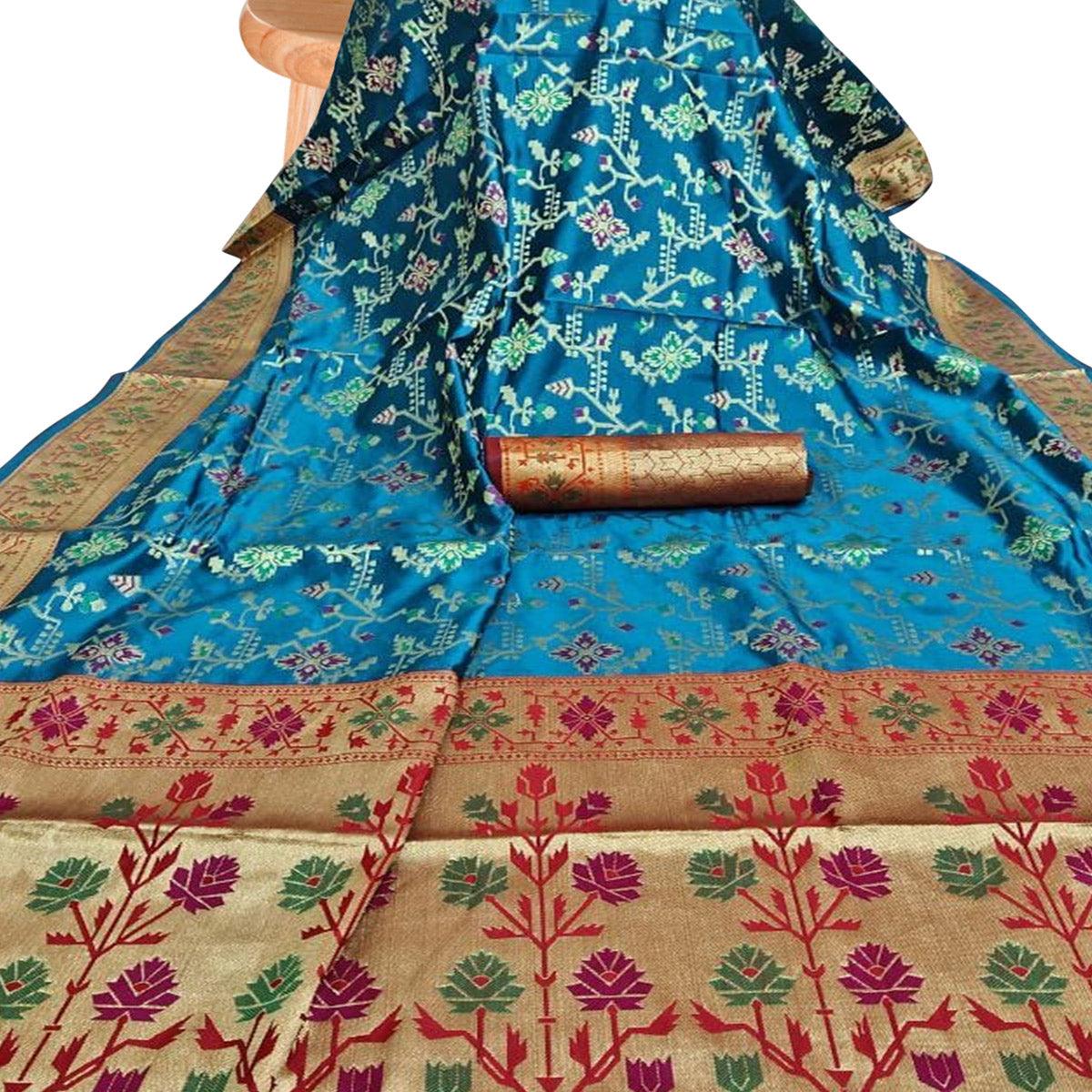 Amazing Teal Blue Colored Festive Wear Woven Silk Saree - Peachmode