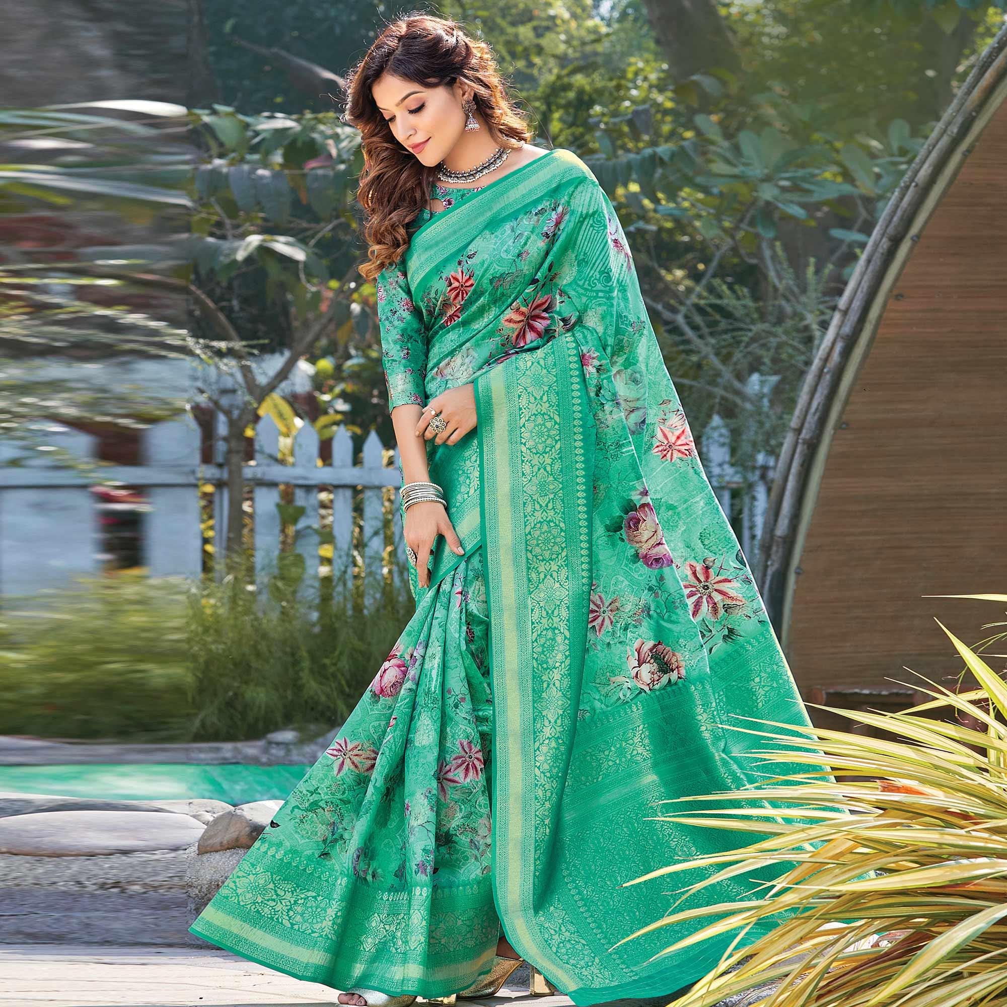 Amazing Turquoise Green Colored Festive Wear Digital Printed Silk Saree - Peachmode