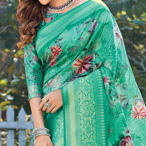 Amazing Turquoise Green Colored Festive Wear Digital Printed Silk Saree - Peachmode