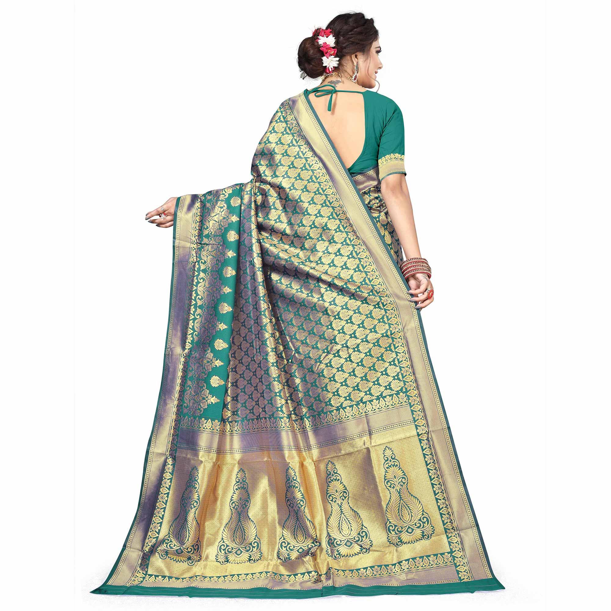Amazing Turquoise Green Colored Festive Wear Woven Silk Saree - Peachmode