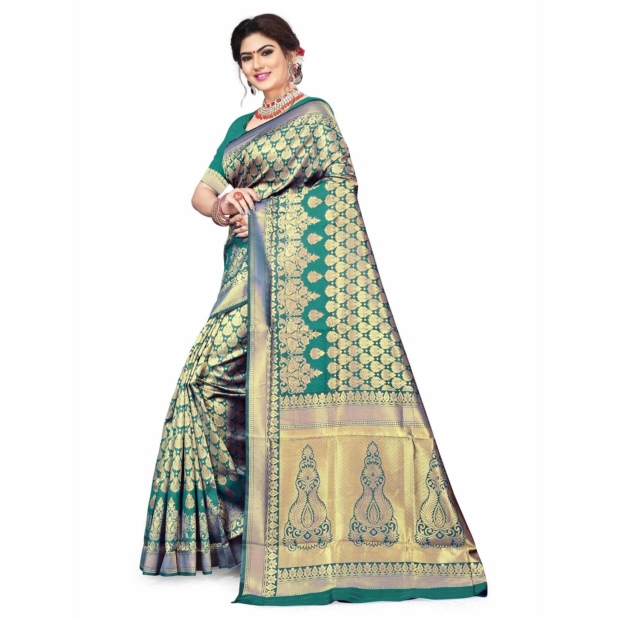 Amazing Turquoise Green Colored Festive Wear Woven Silk Saree - Peachmode