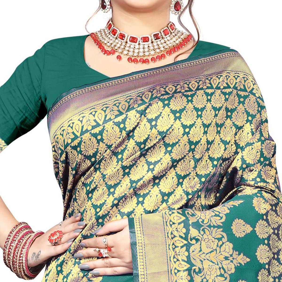 Amazing Turquoise Green Colored Festive Wear Woven Silk Saree - Peachmode