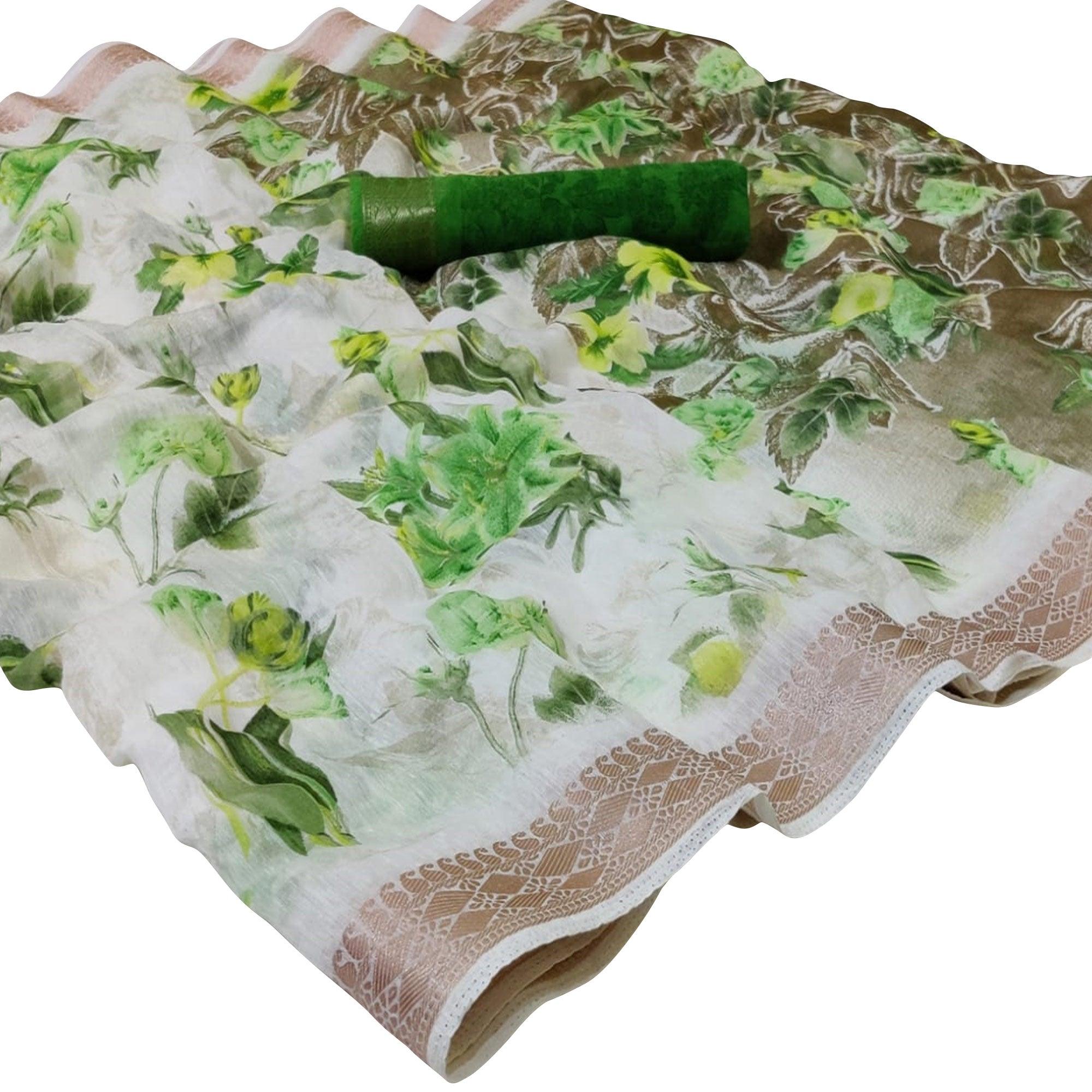 Amazing White-Green Colored Casual Floral Printed Cotton Saree - Peachmode