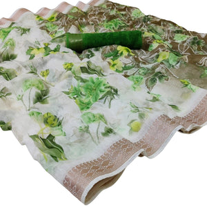 Amazing White-Green Colored Casual Floral Printed Cotton Saree - Peachmode