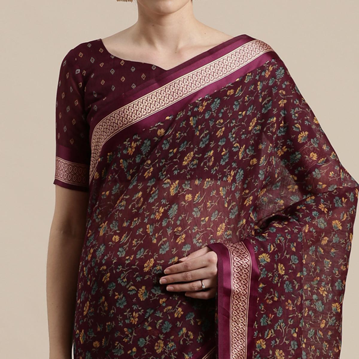 Amazing Wine Colored Casual Wear Floral Printed Cotton Silk Saree - Peachmode