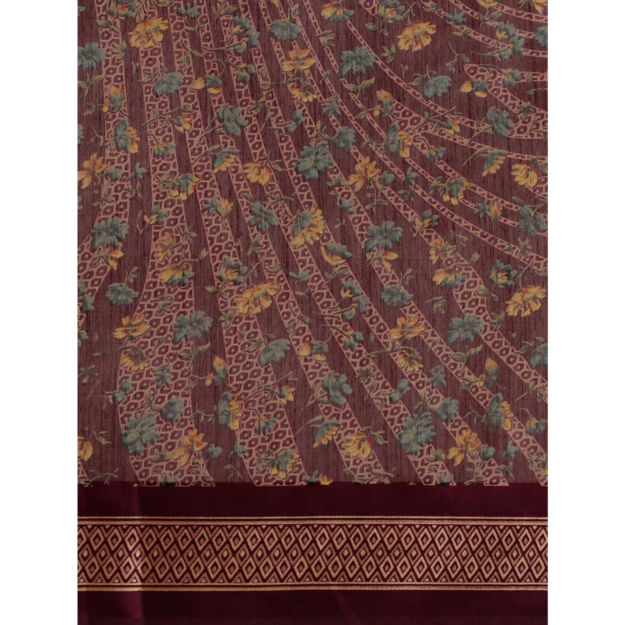 Amazing Wine Colored Casual Wear Floral Printed Cotton Silk Saree - Peachmode