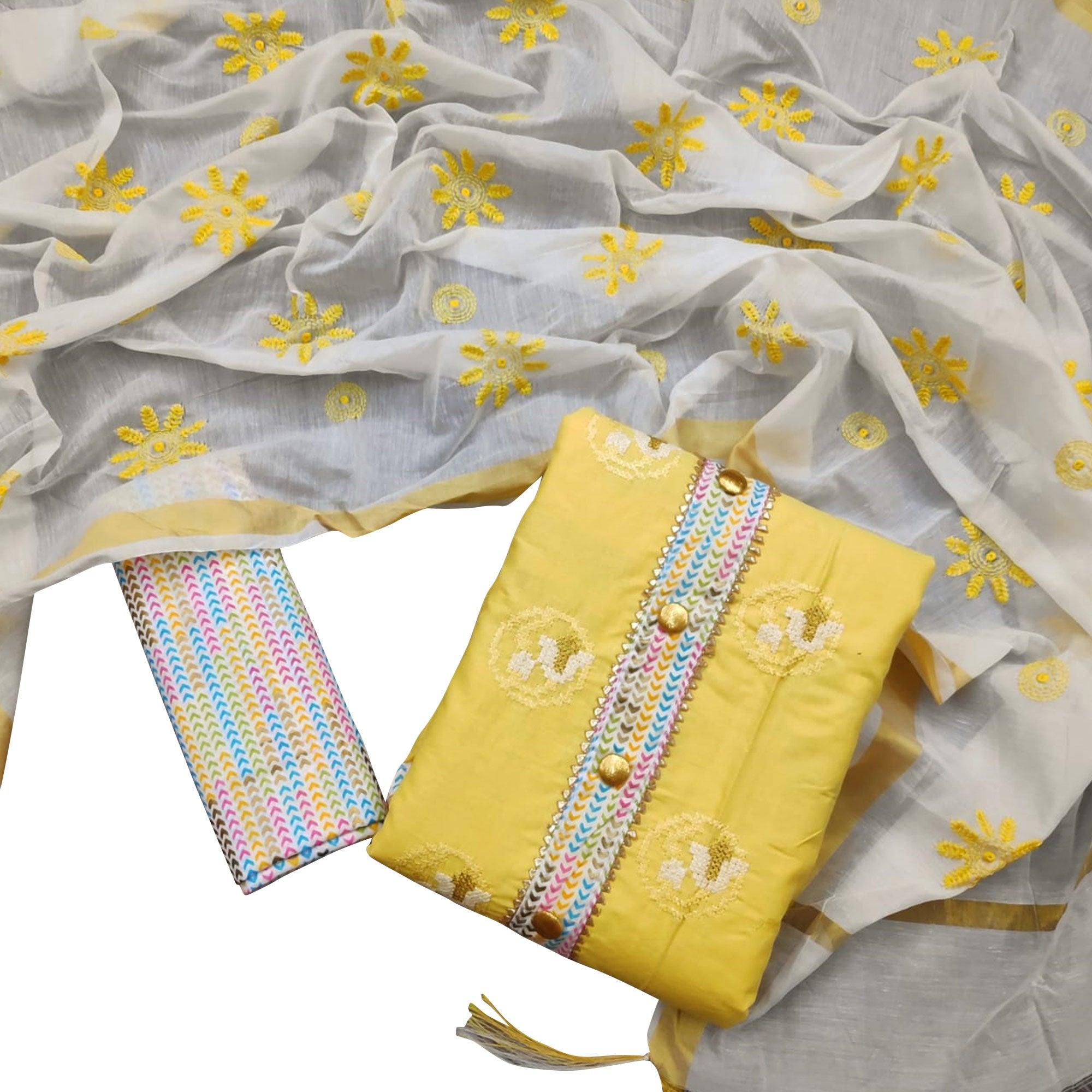 Amazing Yellow Colored Casual Wear Embroidered Cotton Dress Material - Peachmode