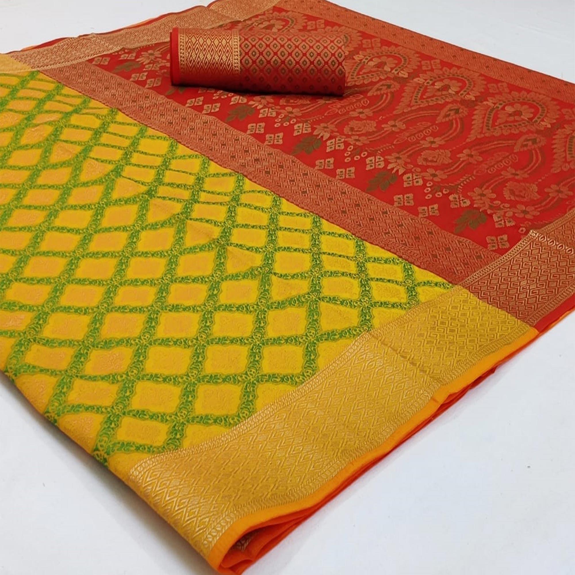 Amazing Yellow Colored Festive Wear Woven Patola Silk Saree - Peachmode
