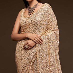 Ancient Ivory Partywear Thread & Sequins Embroidered Georgette Saree - Peachmode