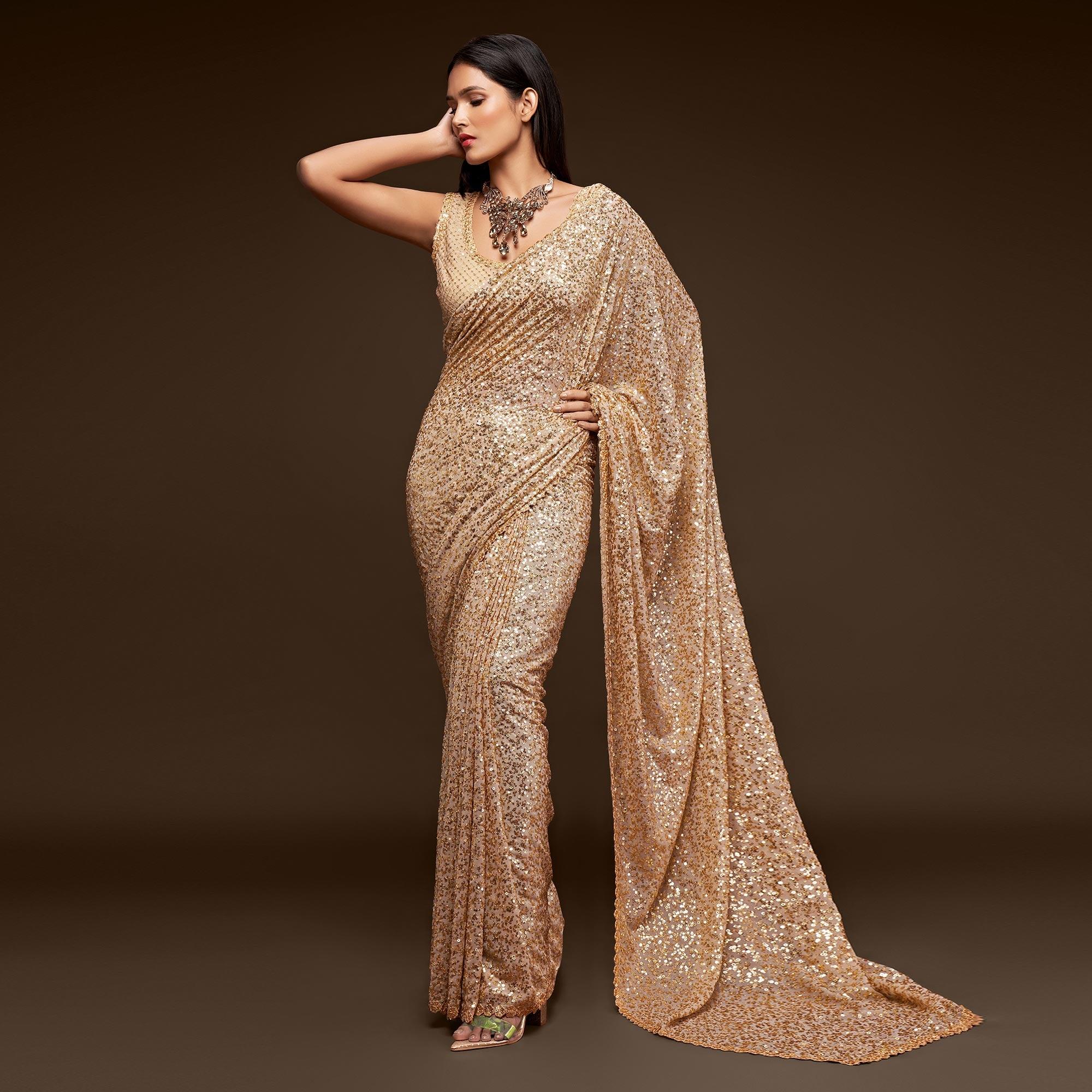 Ancient Ivory Partywear Thread & Sequins Embroidered Georgette Saree - Peachmode