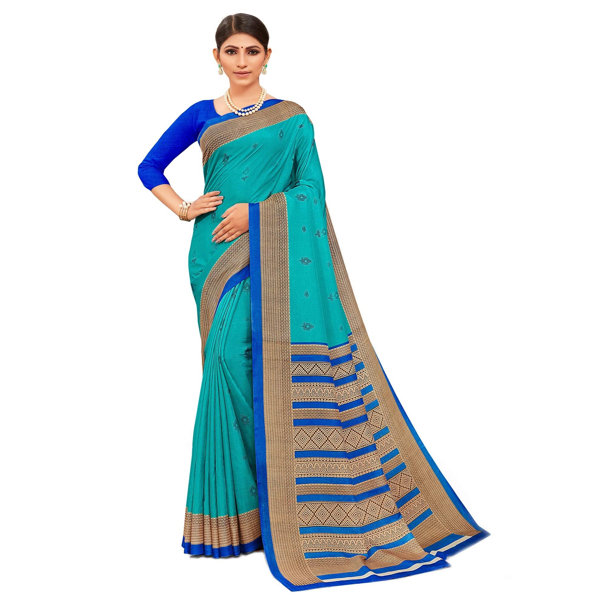 Appealing Aqua Blue Colored Casual Wear Printed Manipuri Cotton Saree - Peachmode