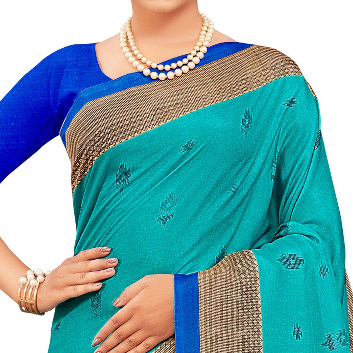 Appealing Aqua Blue Colored Casual Wear Printed Manipuri Cotton Saree - Peachmode