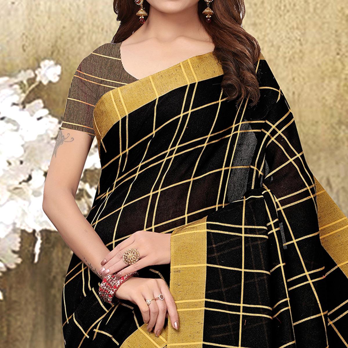 Appealing Black Colored Festive Wear Checks Print Pure Linen Saree - Peachmode