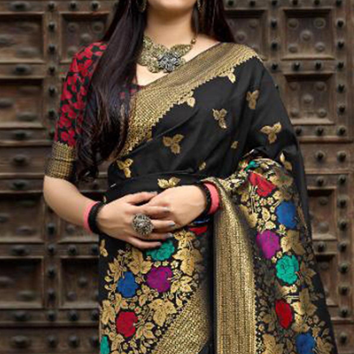 Appealing Black Colored Festive Wear Woven Banarasi Silk Saree - Peachmode