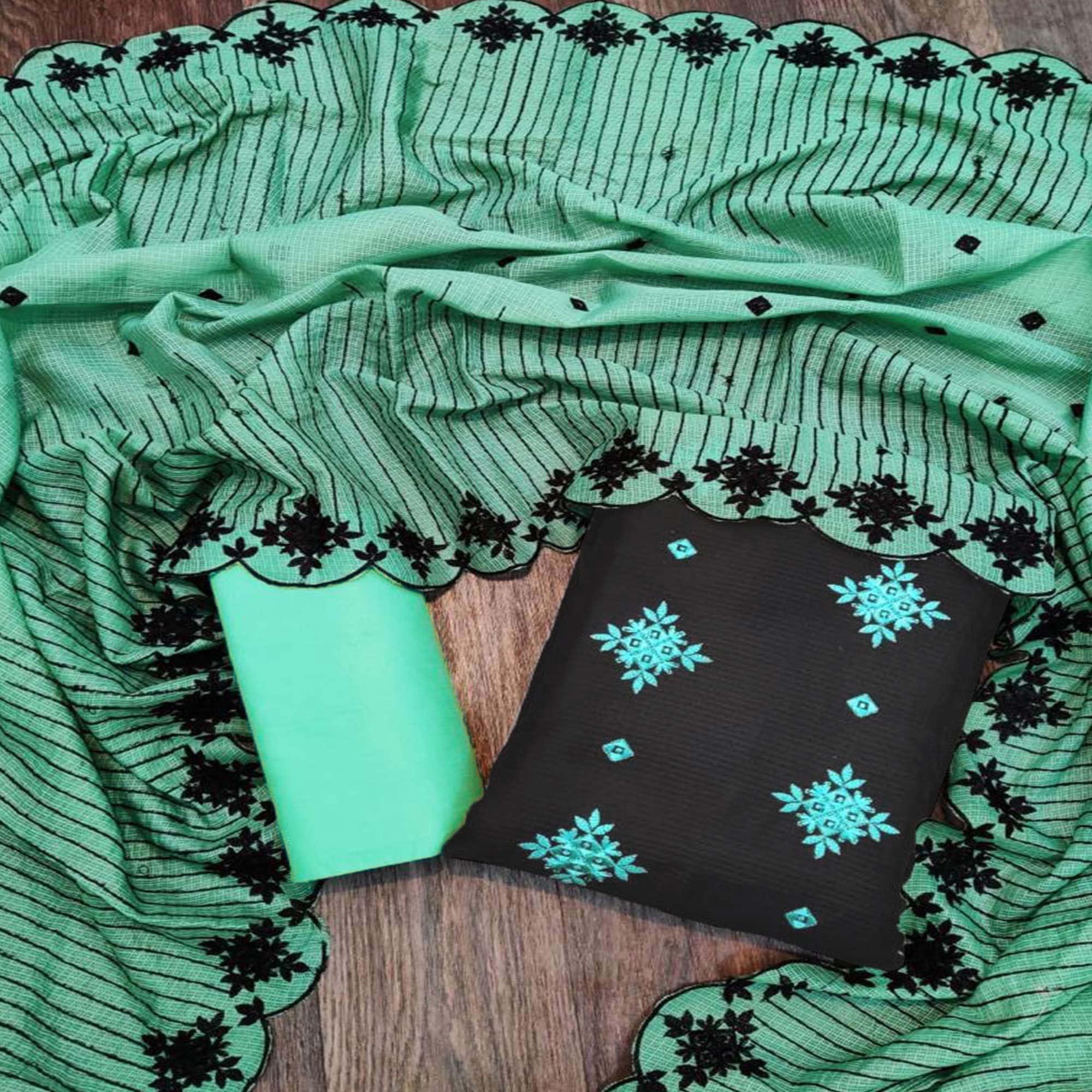 Appealing Black - Rama Colored Casual Wear Embroidered Kota Chex Dress Material - Peachmode