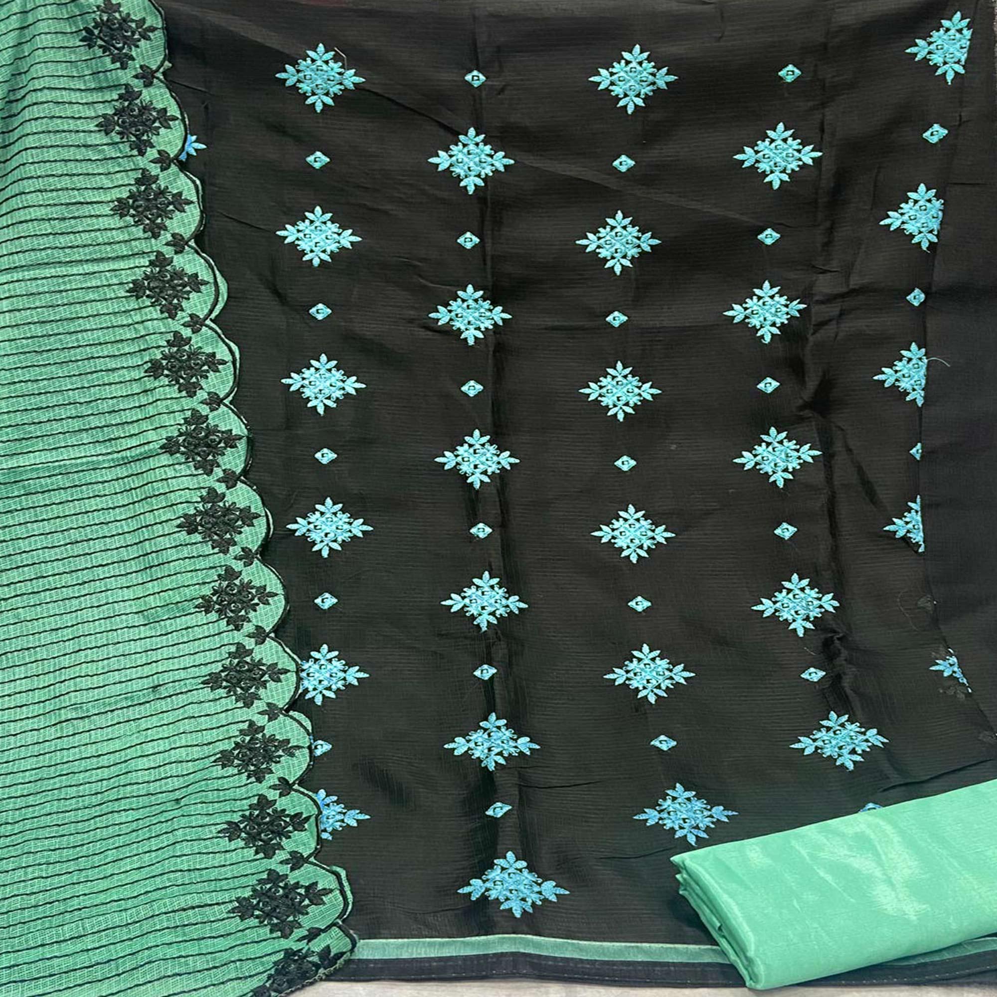 Appealing Black - Rama Colored Casual Wear Embroidered Kota Chex Dress Material - Peachmode