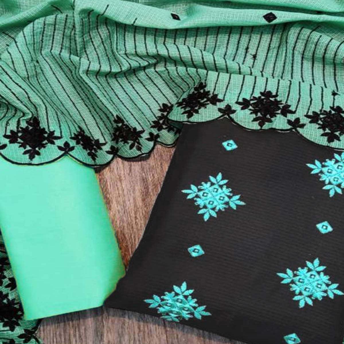 Appealing Black - Rama Colored Casual Wear Embroidered Kota Chex Dress Material - Peachmode