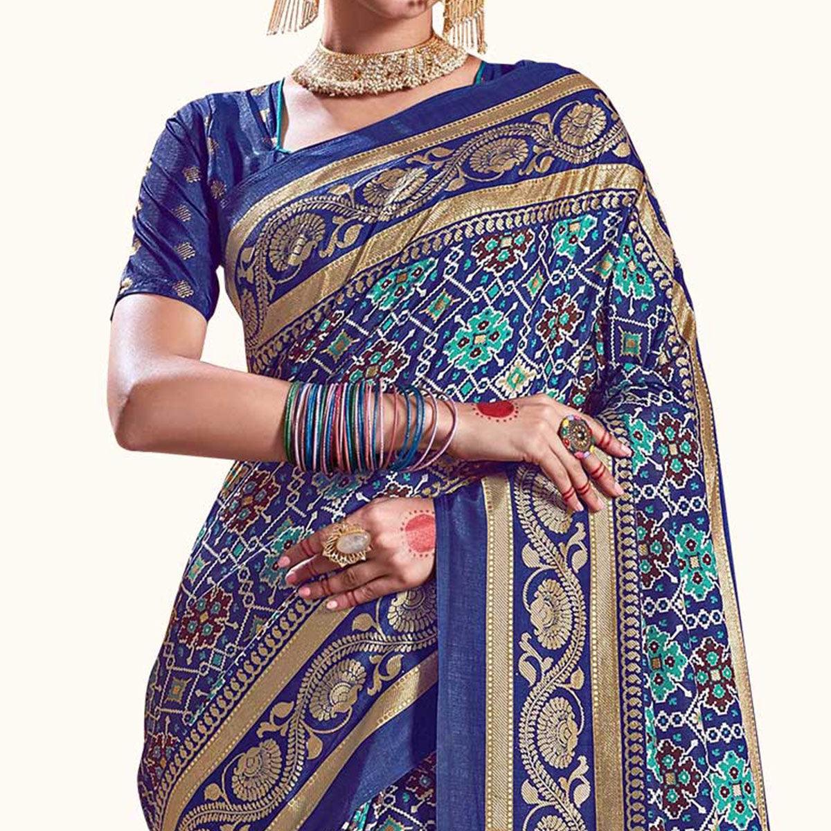 Appealing Blue Colored Festive Wear Printed Kanjivaram Silk Saree - Peachmode