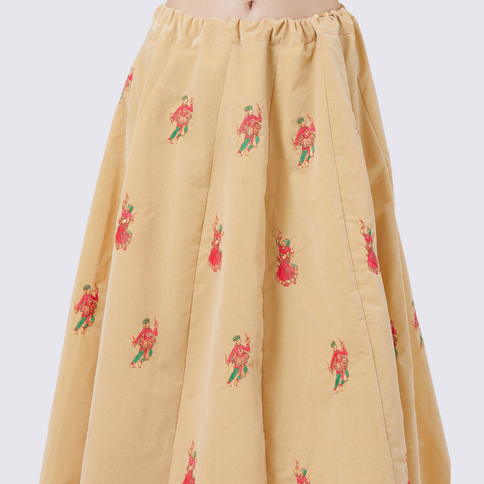 Appealing Cream Colored Partywear Embroidered Velvet Lehenga Choli - Peachmode