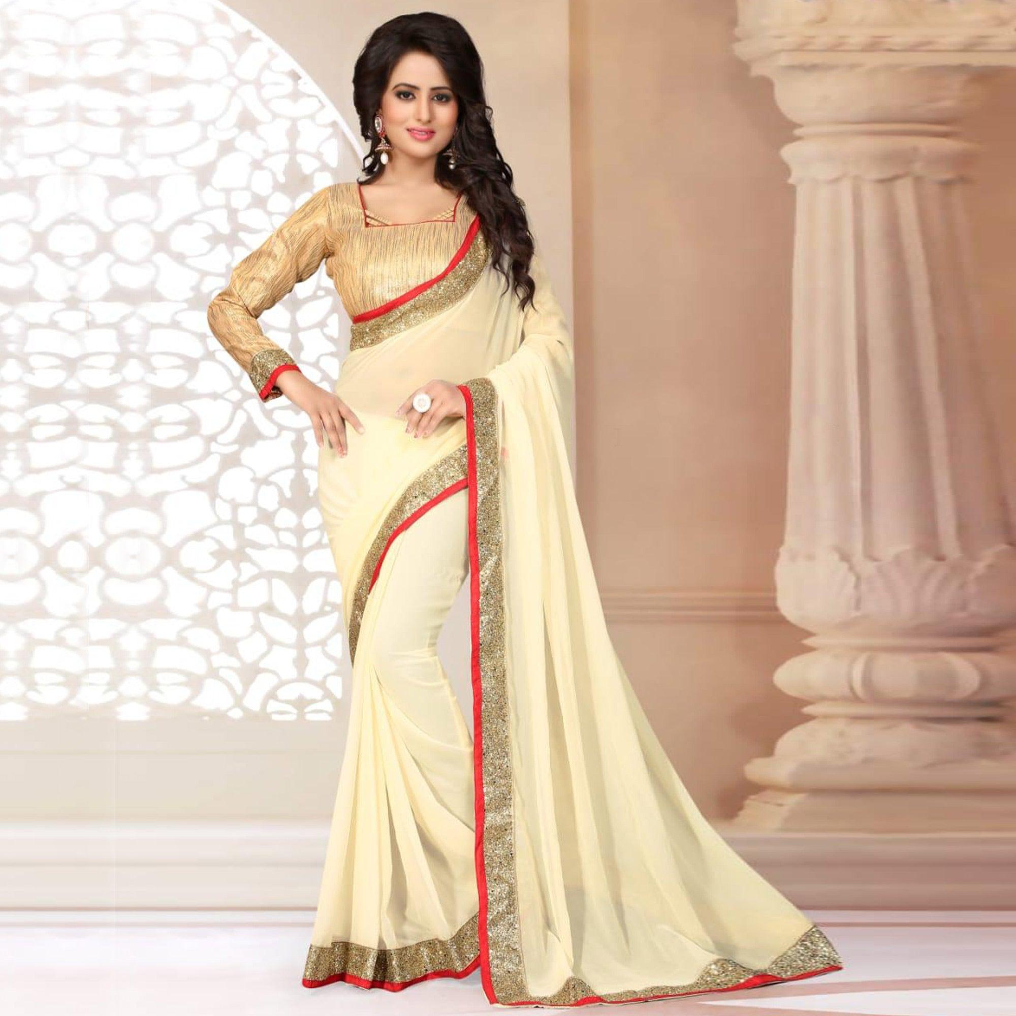 Appealing Cream Colored Partywear Georgette Saree - Peachmode