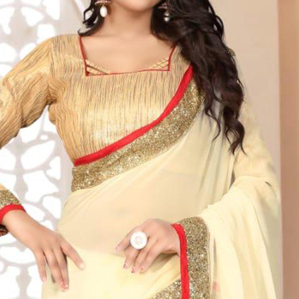 Appealing Cream Colored Partywear Georgette Saree - Peachmode