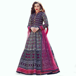 Appealing Dark Blue Colored Partywear Digital Printed Silk Gown - Peachmode