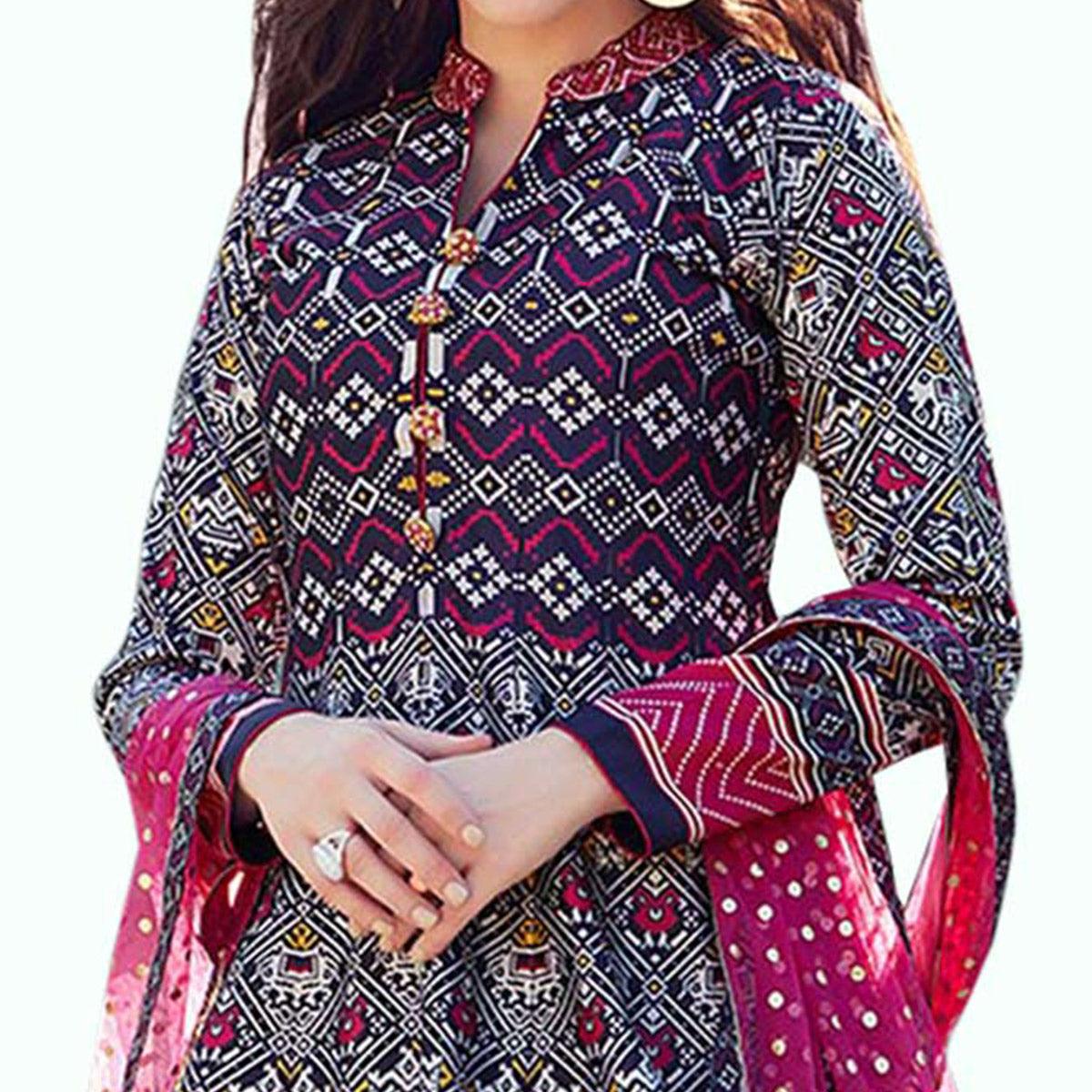 Appealing Dark Blue Colored Partywear Digital Printed Silk Gown - Peachmode