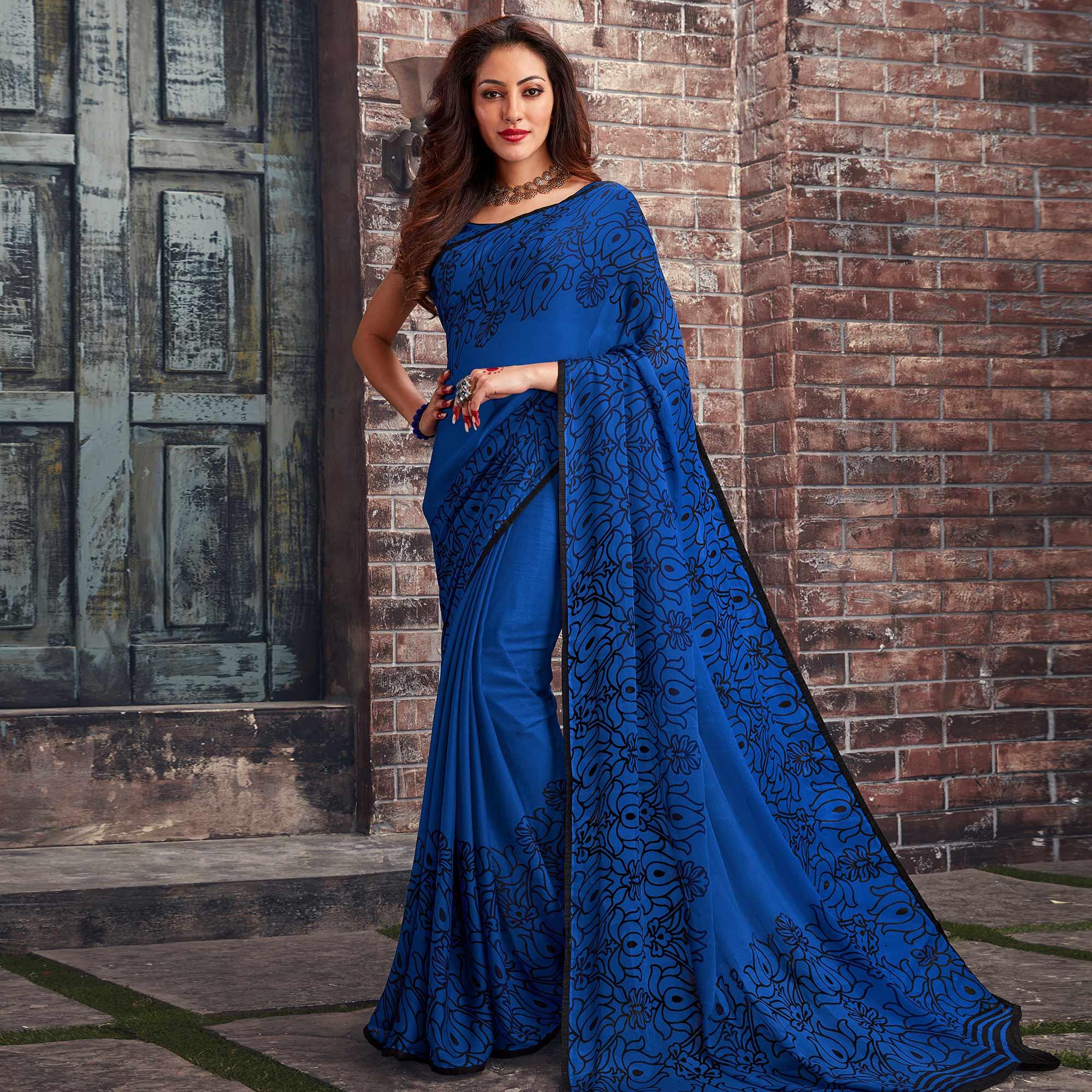 Appealing Dark Blue Colored Partywear Floral Printed Chiffon Saree - Peachmode
