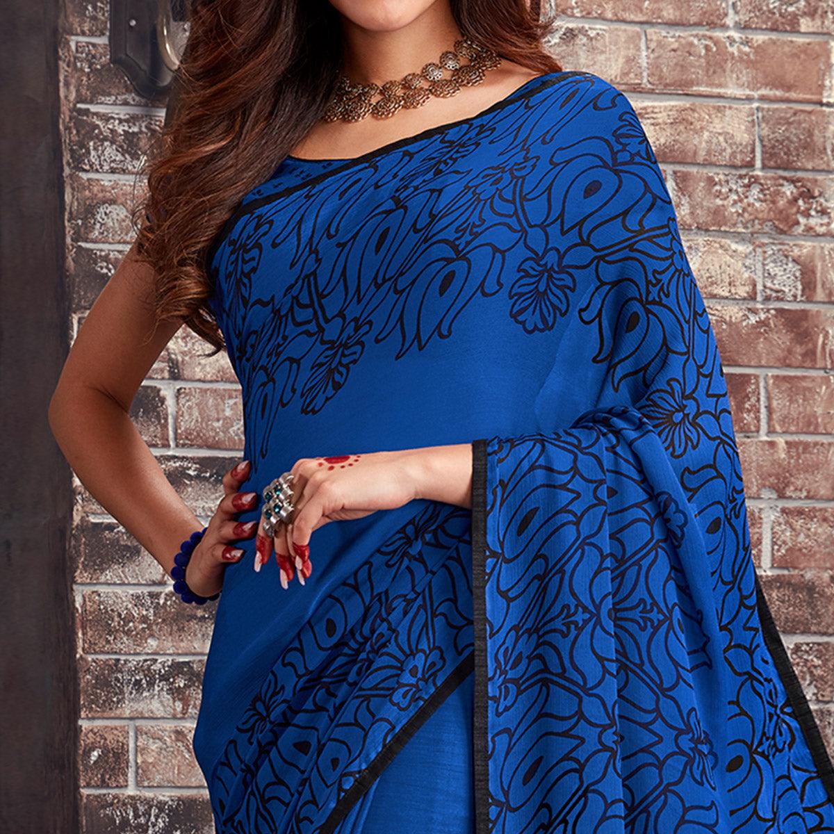 Appealing Dark Blue Colored Partywear Floral Printed Chiffon Saree - Peachmode