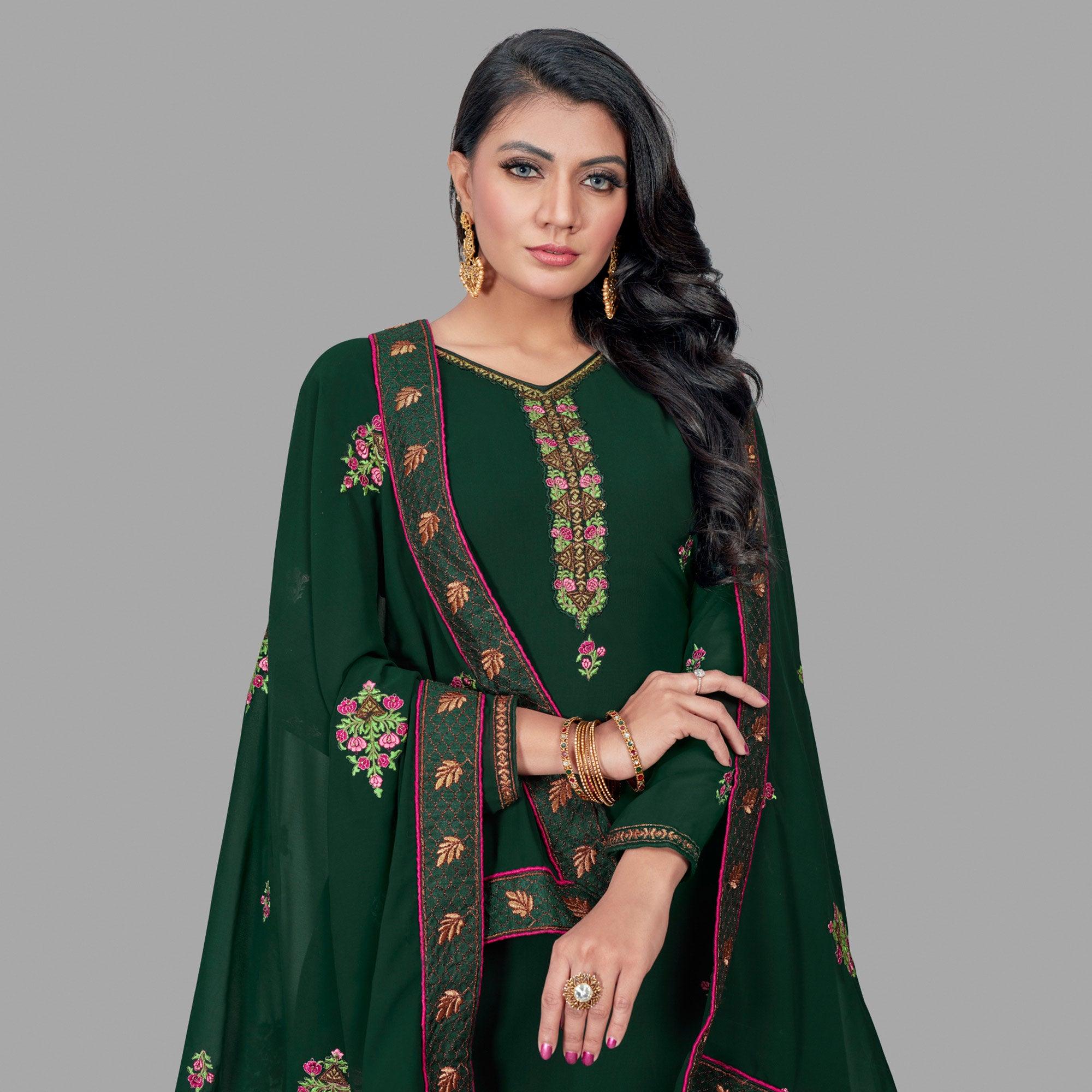Appealing Dark Green Colored Party Wear Floral Embroidered Georgette Suit - Peachmode