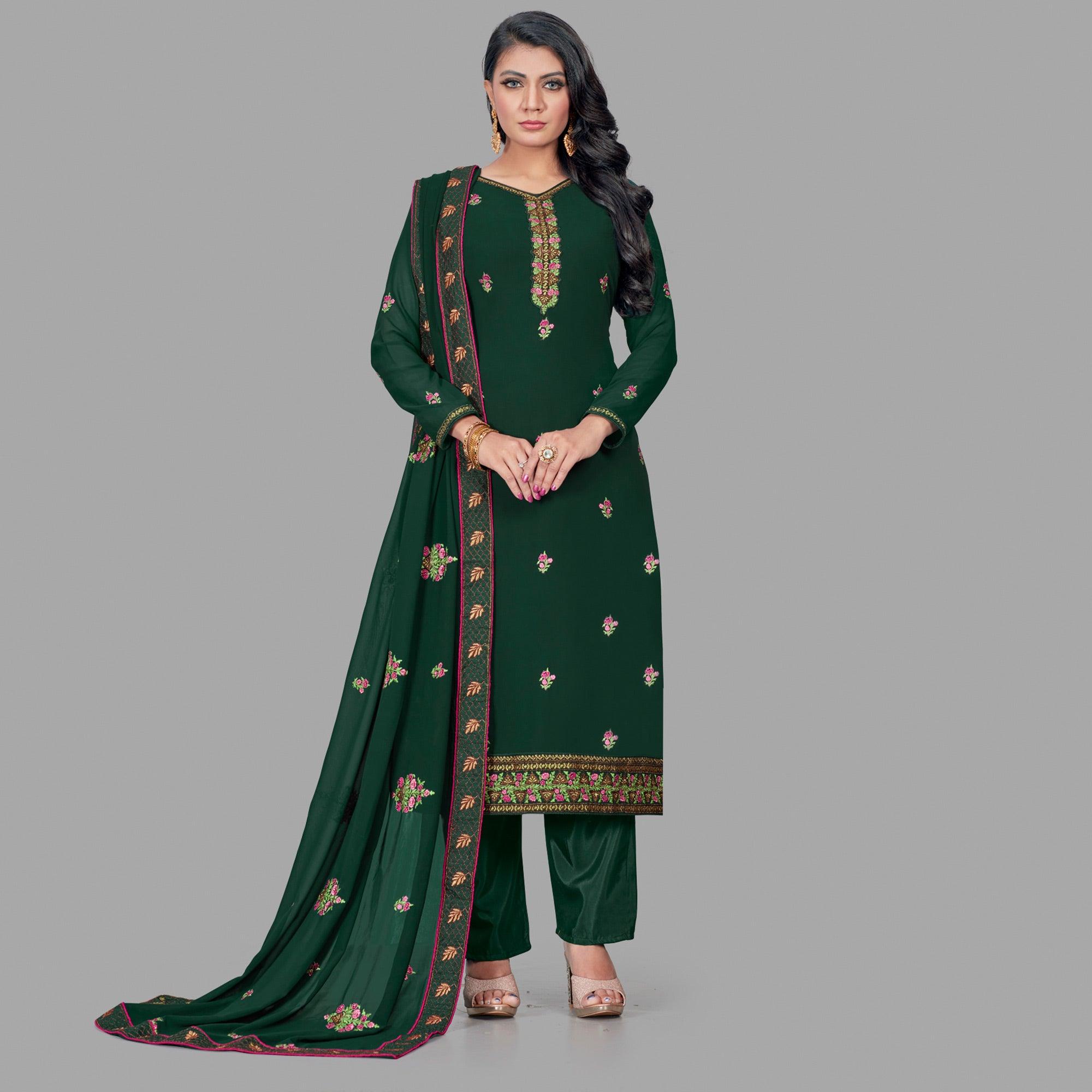 Appealing Dark Green Colored Party Wear Floral Embroidered Georgette Suit - Peachmode