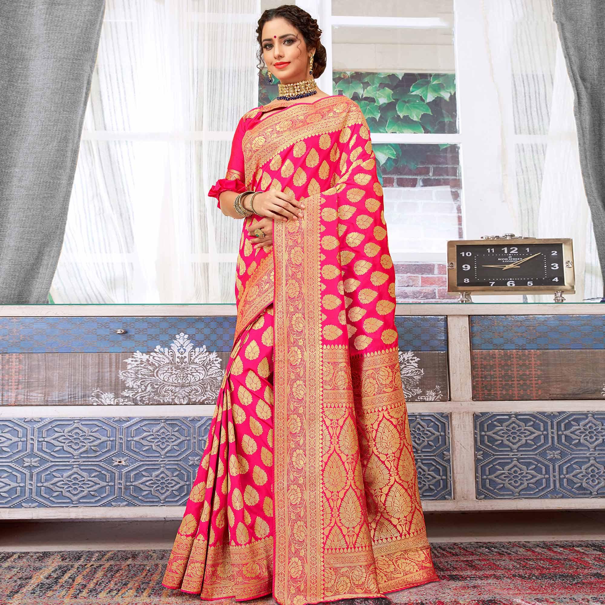 Appealing Fuchsia Pink Colored Festive Wear Woven Silk Saree - Peachmode