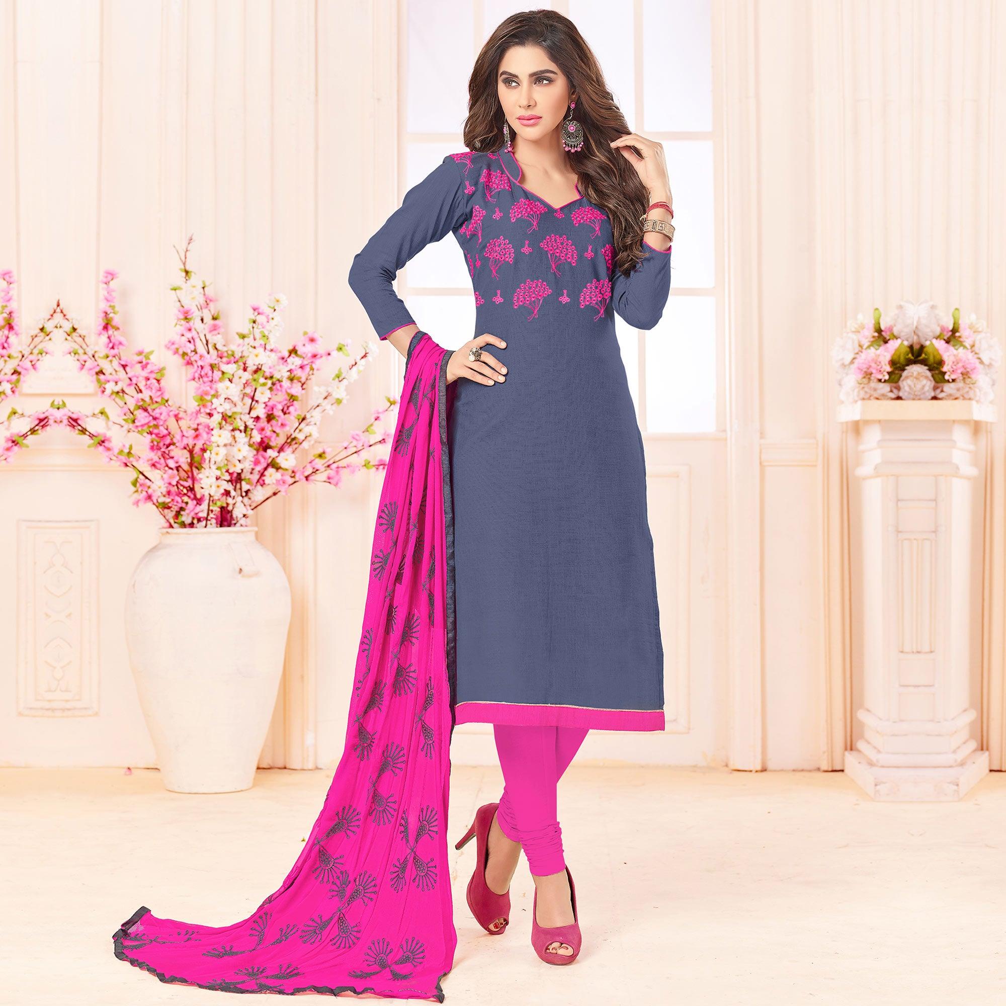 Appealing Gray Colored Embroidered Cotton Dress Material - Peachmode