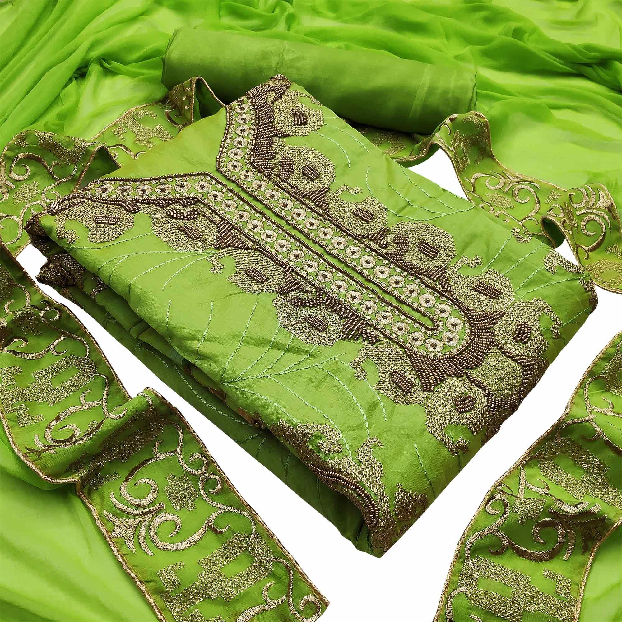 Appealing Green Colored Casual Wear Embroidered Heavy Modal Silk Dress Material - Peachmode