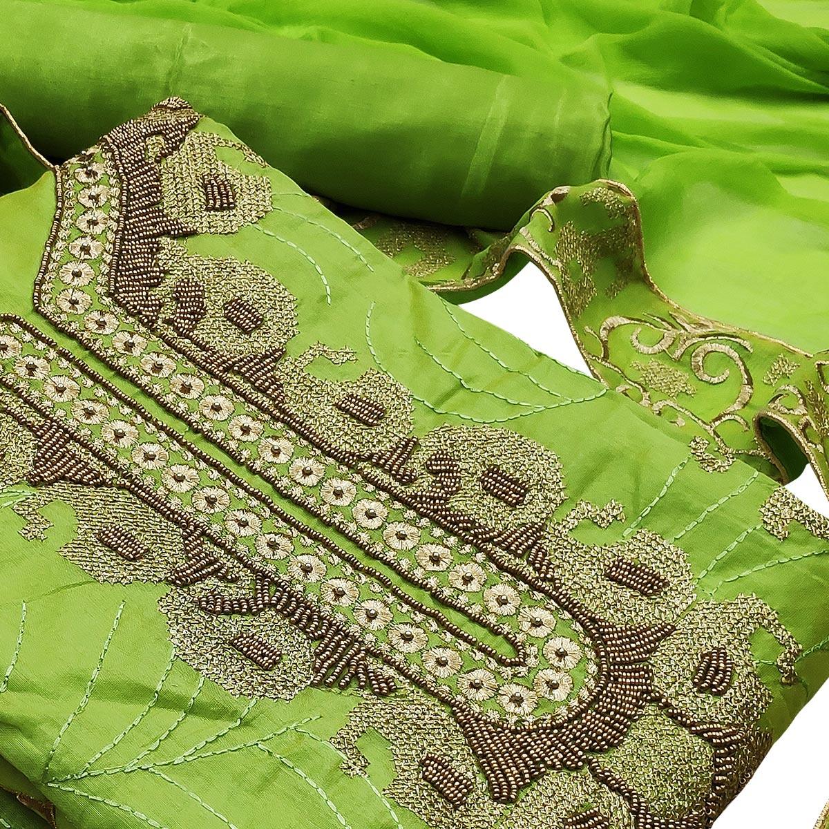 Appealing Green Colored Casual Wear Embroidered Heavy Modal Silk Dress Material - Peachmode
