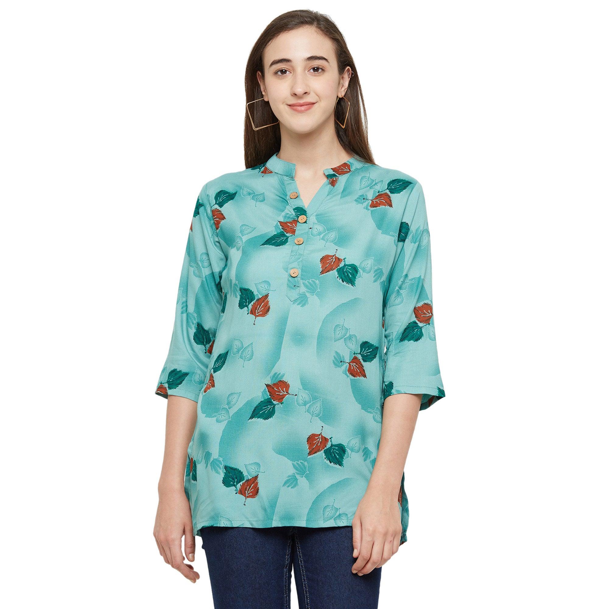 Appealing Green Colored Casual Wear Printed Rayon Top - Peachmode
