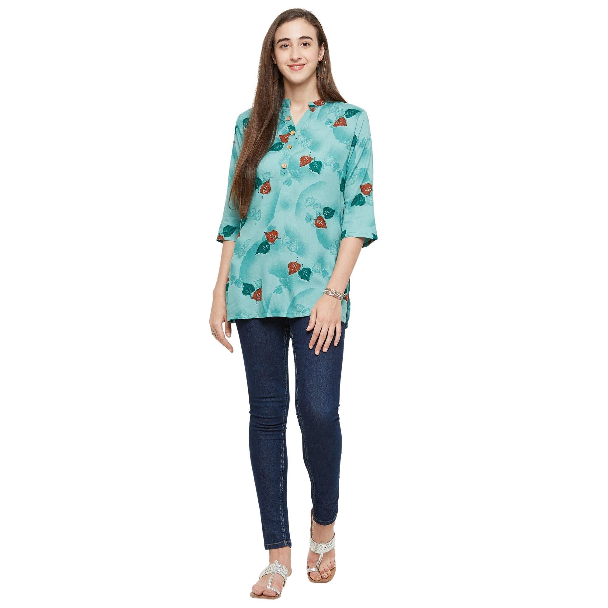 Appealing Green Colored Casual Wear Printed Rayon Top - Peachmode