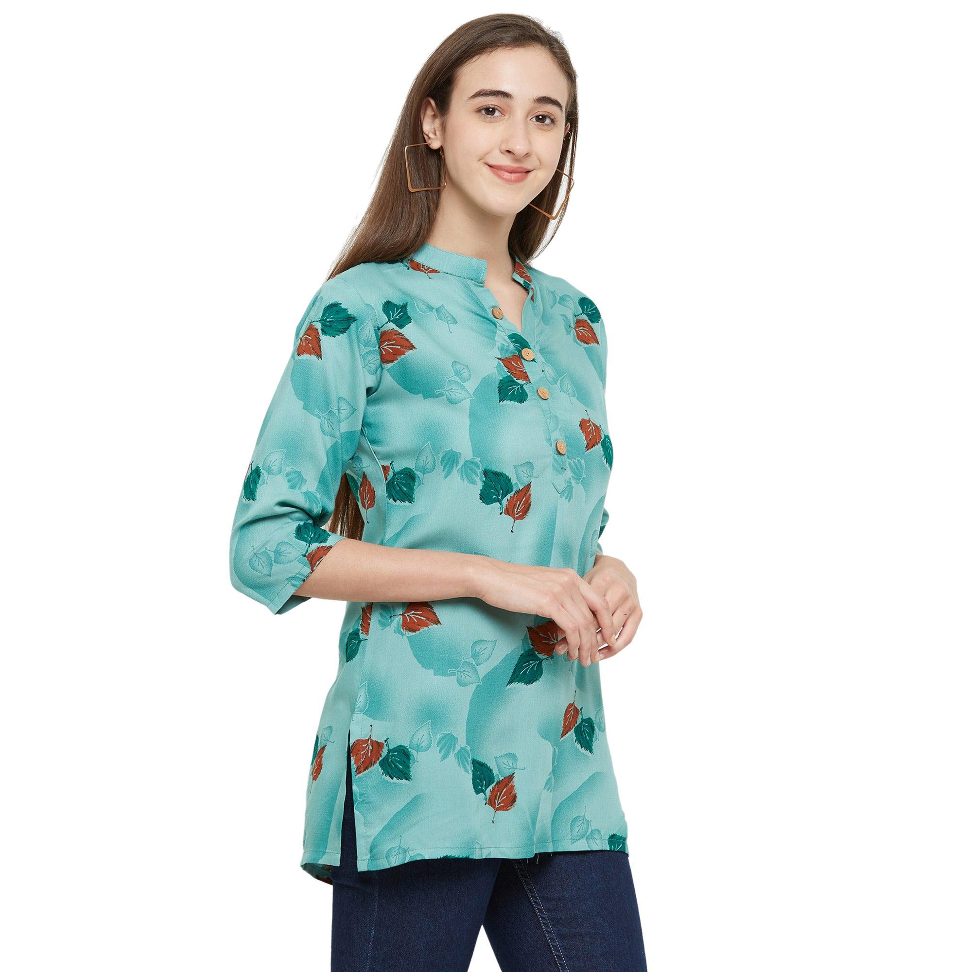 Appealing Green Colored Casual Wear Printed Rayon Top - Peachmode