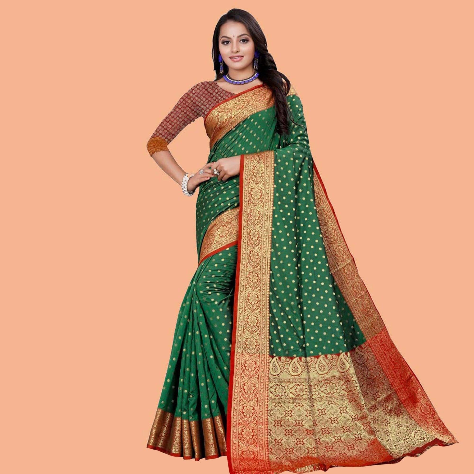 Appealing Green Colored Festive Wear Woven Silk Blend Saree - Peachmode