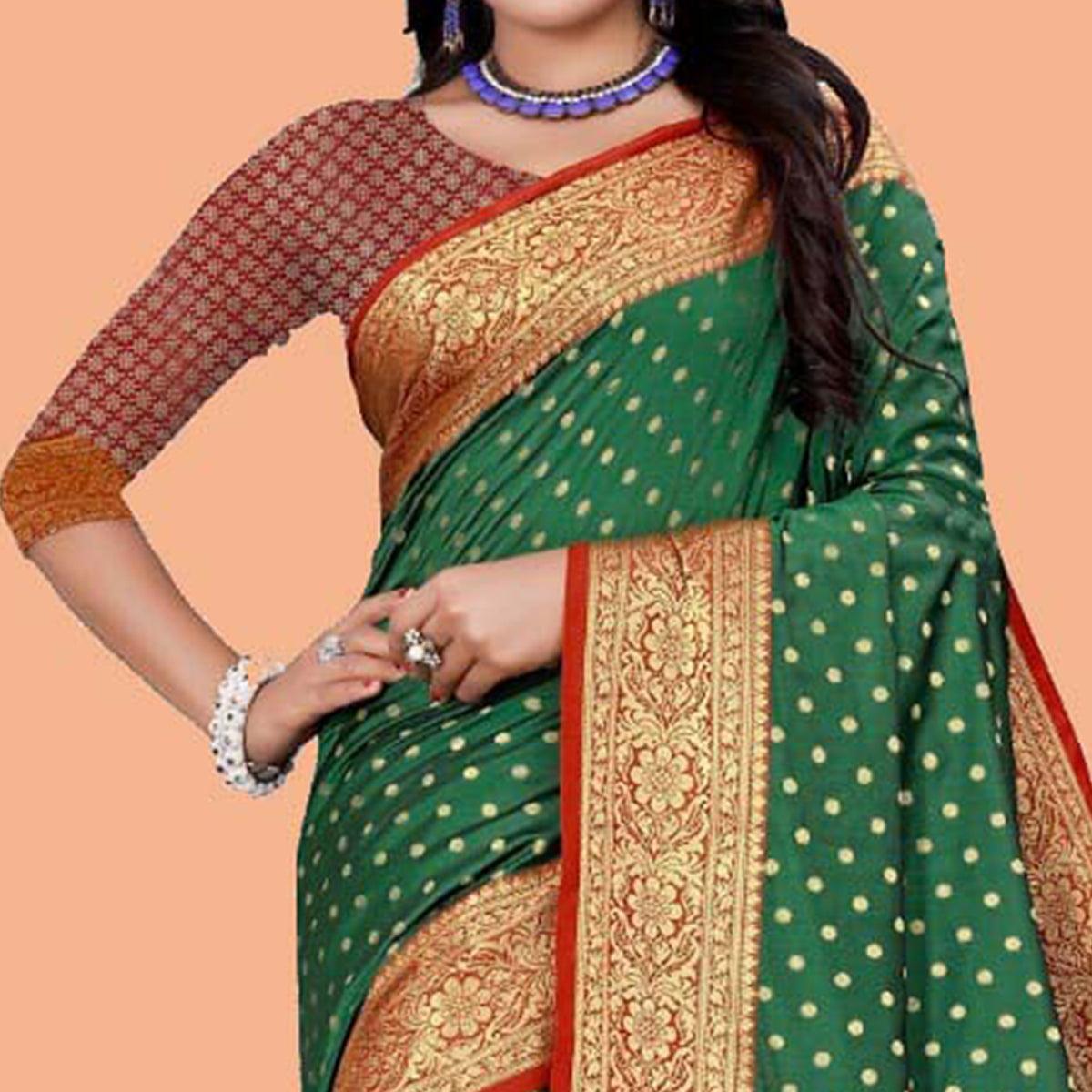 Appealing Green Colored Festive Wear Woven Silk Blend Saree - Peachmode