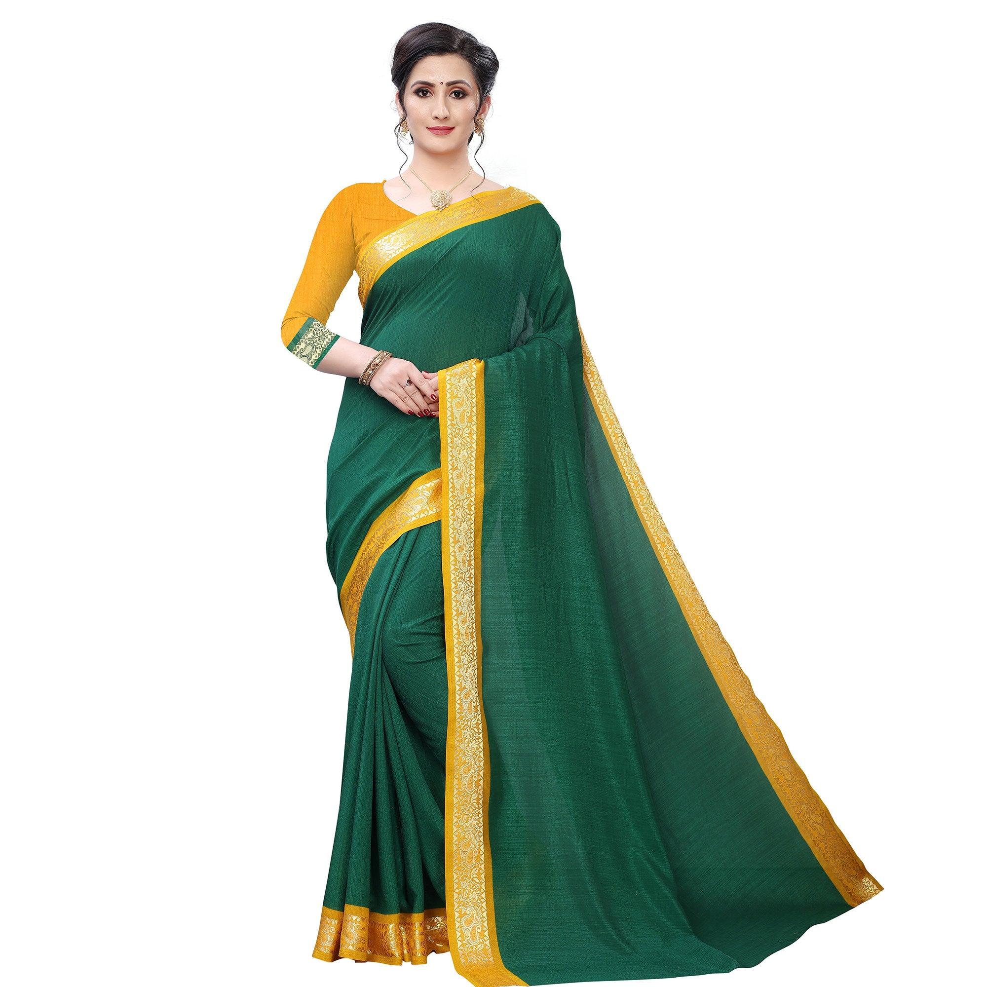 Appealing Green Colored Festive Wear Woven Vichitra Silk Saree - Peachmode