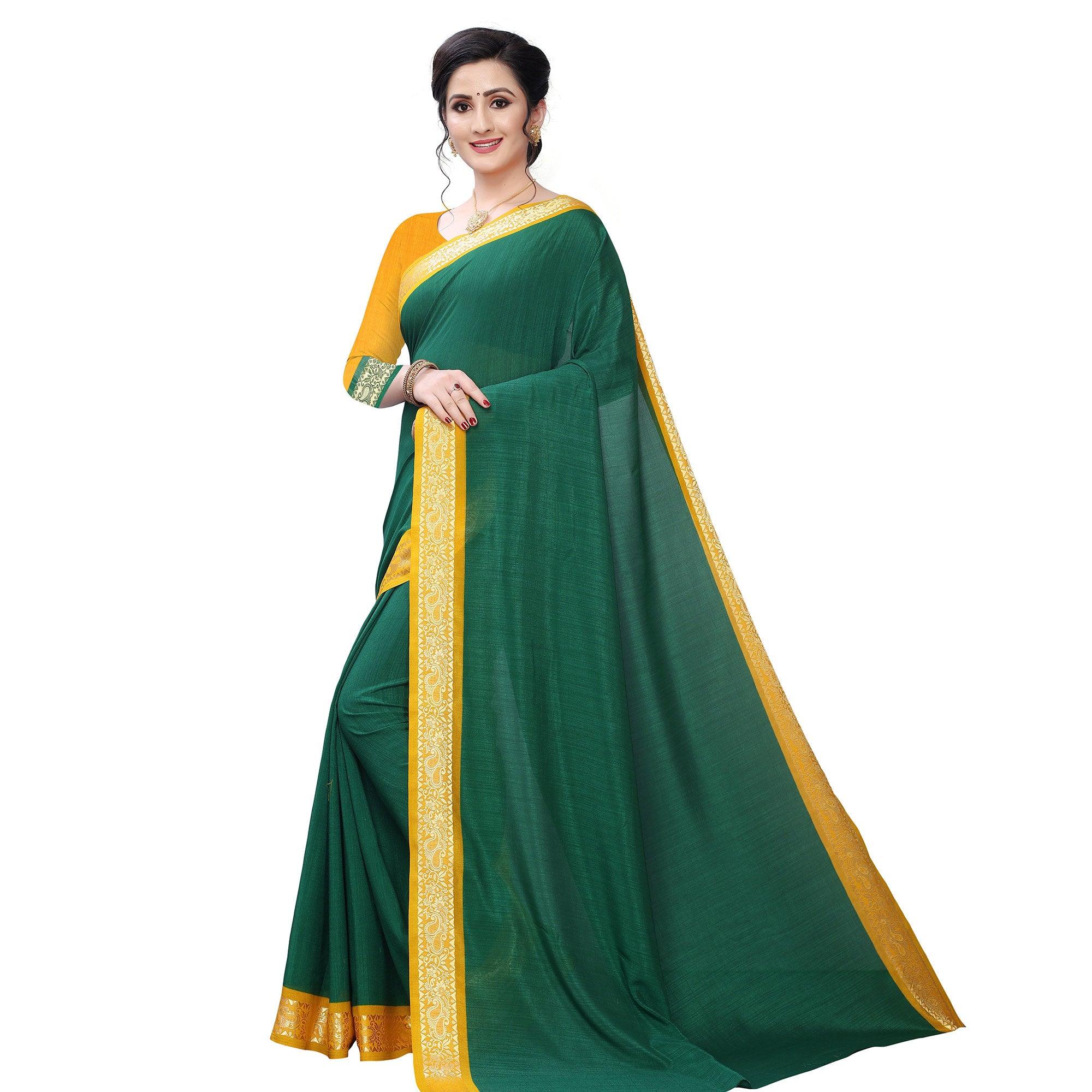 Appealing Green Colored Festive Wear Woven Vichitra Silk Saree - Peachmode