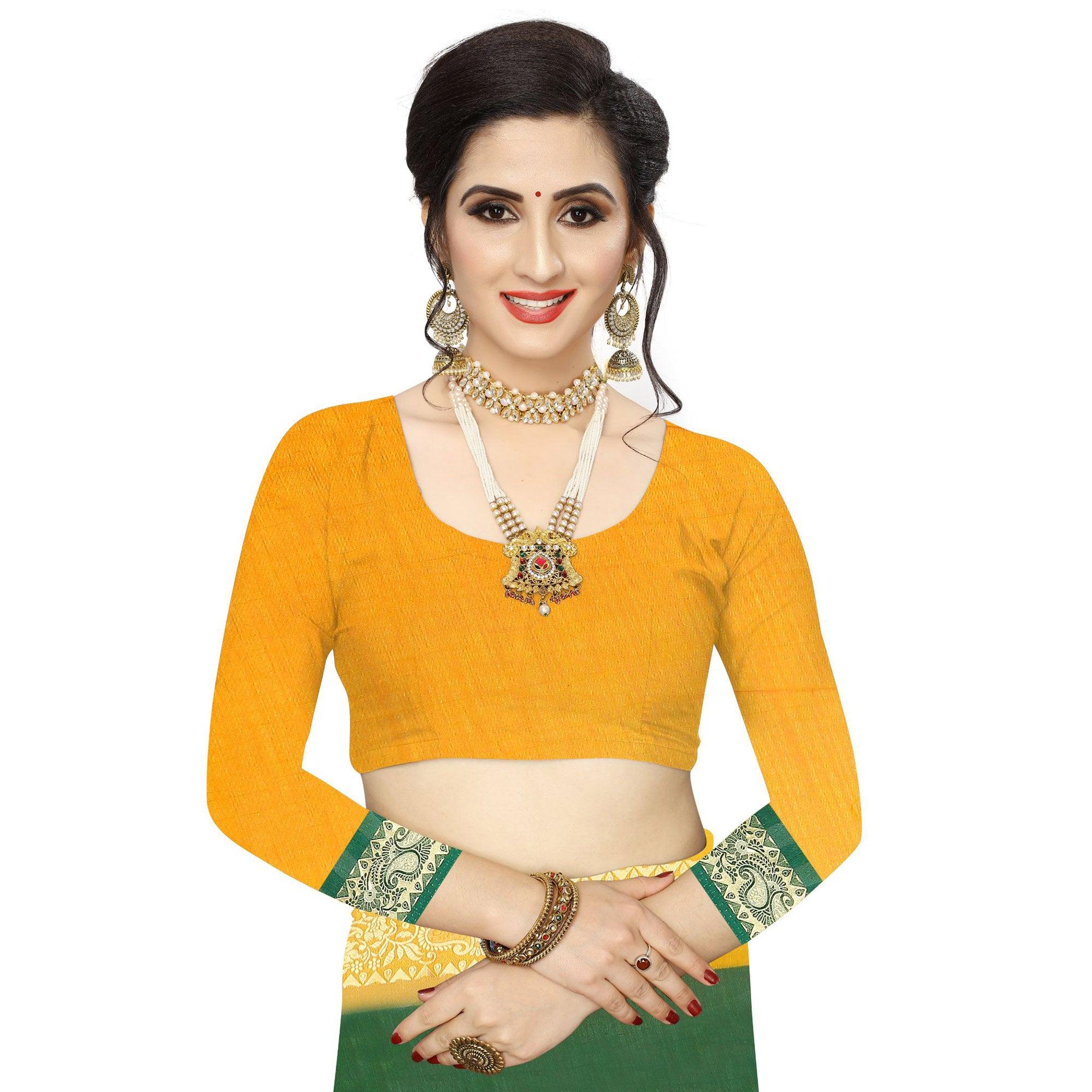 Appealing Green Colored Festive Wear Woven Vichitra Silk Saree - Peachmode