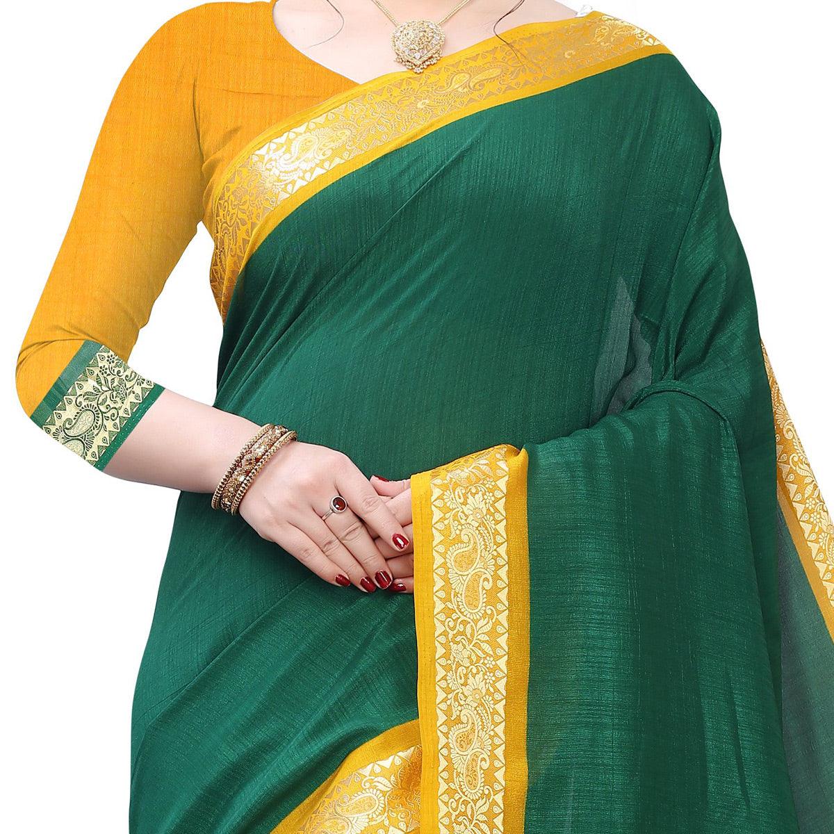 Appealing Green Colored Festive Wear Woven Vichitra Silk Saree - Peachmode