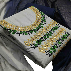 Appealing Grey Colored Casual Wear Embroidered Cotton Dress Material - Peachmode