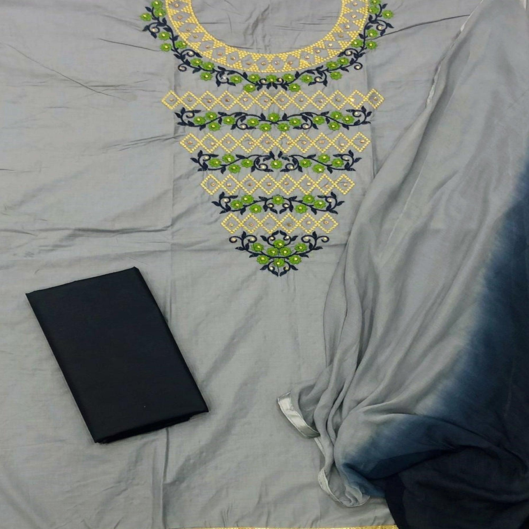 Appealing Grey Colored Casual Wear Embroidered Cotton Dress Material - Peachmode