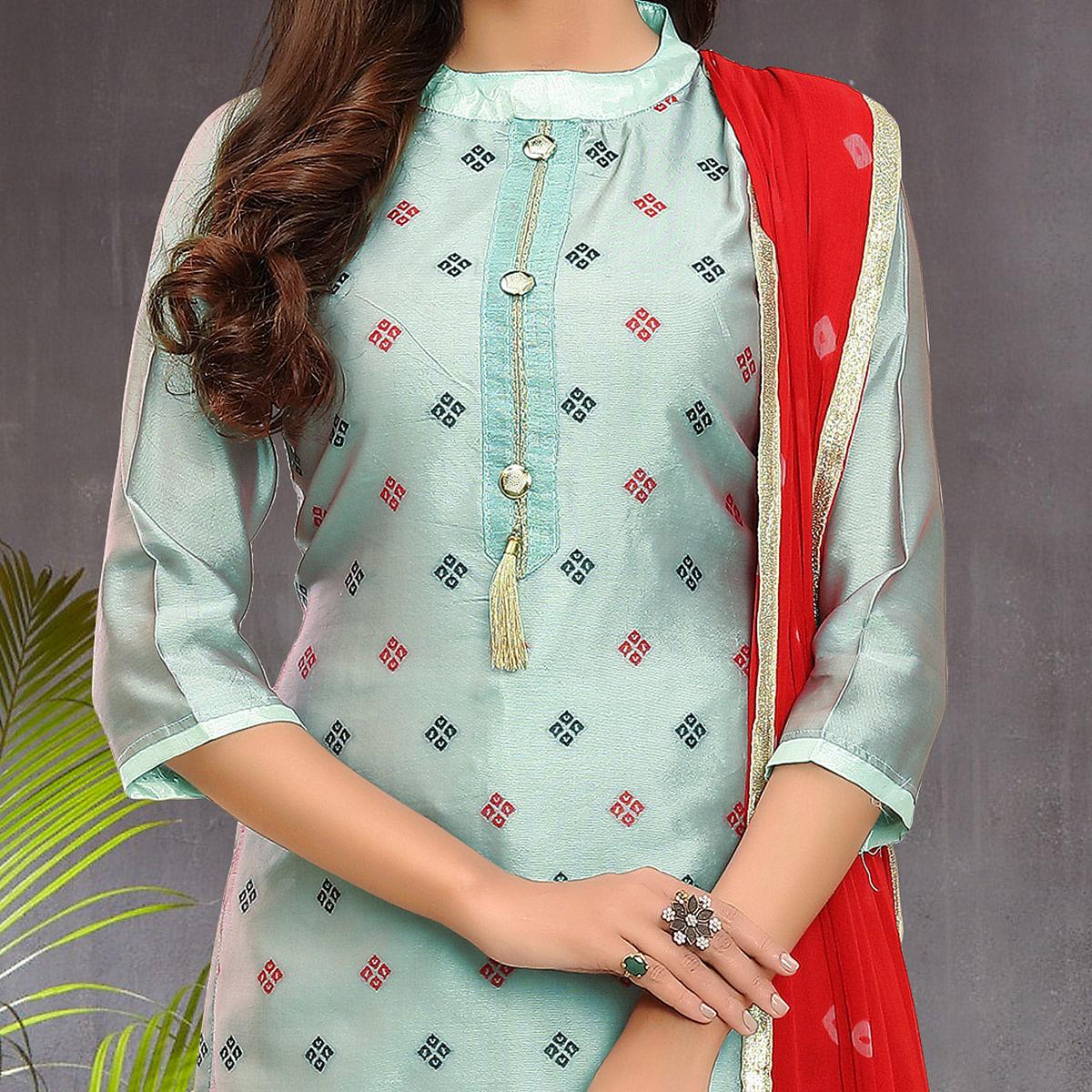 Appealing Grey Colored Festive Wear Woven Heavy Banarasi Silk Dress Material - Peachmode