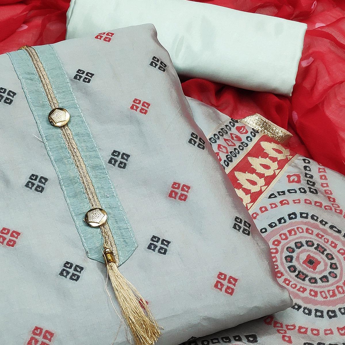 Appealing Grey Colored Festive Wear Woven Heavy Banarasi Silk Dress Material - Peachmode