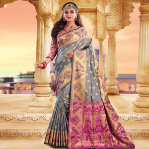 Appealing Grey Colored Festive Wear Woven Silk Saree - Peachmode