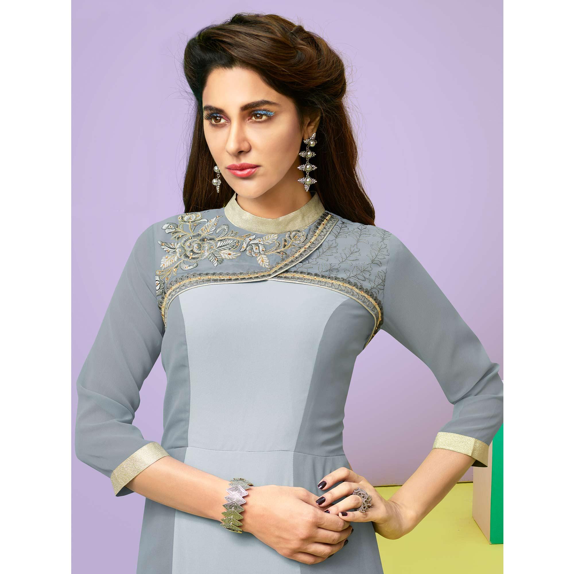 Appealing Grey Colored Party Wear Embroidered Faux Georgette Kurti - Peachmode